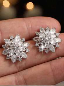 2 Pcs Romantic Flower CZ Zirconia Big Pink Stud Earrings Valentine's Day Gift