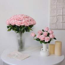 Nejlue Artificial Flowers/Plants1111 Home & Living 5支仿真粉色玫瑰花，粉色玫瑰花束，丝绸长茎玫瑰，新娘花束，情人节花束，适用于家居装饰、房间装饰、花园装饰、墙面装饰、室内外装饰、卧室装饰、婚礼装饰、餐桌装饰、圣诞节装饰、派对装饰、生日装饰、秋季装饰 - 粉色 - 查看 3