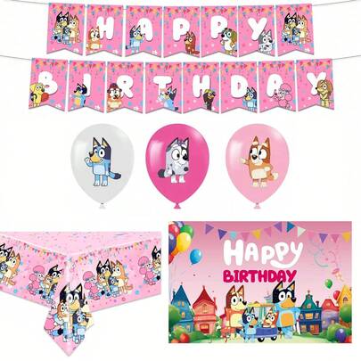  Pink Theme Bluey Birthday Party Decoration Set Birthday Pull Flag Holiday Decorations,Very Suitable For Holiday, Fan, And Birthday Party Decorations
