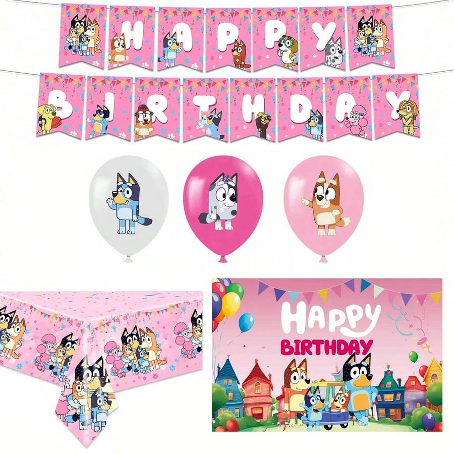 Bluey 粉色主题蓝色生日派对装饰套装生日拉旗节日装饰，非常适合节日、粉丝和生日派对装饰