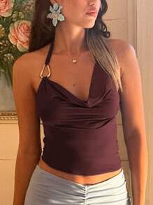 Maglietta donna sexy alla moda, con collo ad aletta, tinta unita, stile casuale, estivo, per strada, festa, vacanza, uscita notturna, crop top