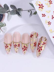 2 件盛开的花朵蝴蝶指甲贴纸金属红金色花朵法式美甲装饰指甲贴花粘性 DIY 贴纸适合女士女孩日式指甲艺术