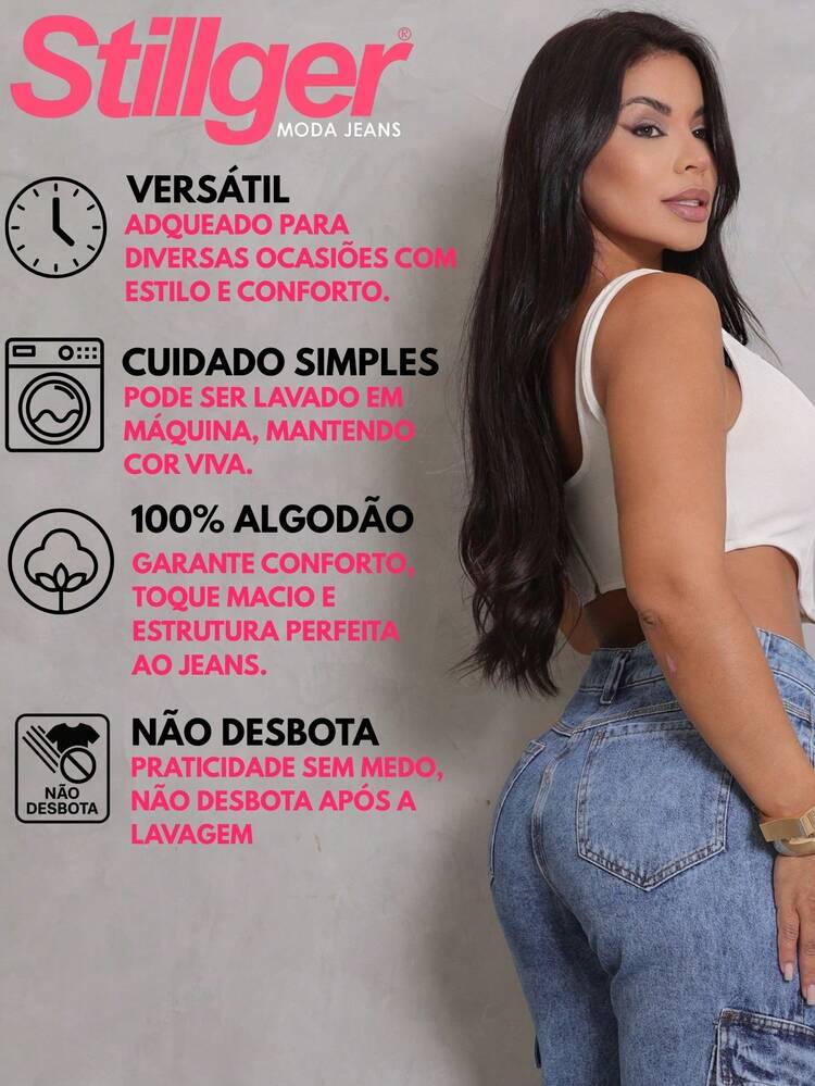 Stillger Moda Jeans Calça Jeans Wide Leg Cargo Pantalona Cintura Alta Bolsos Laterais Levanta Bumbum Stillger Premium - Lavagem clara - Visão 6