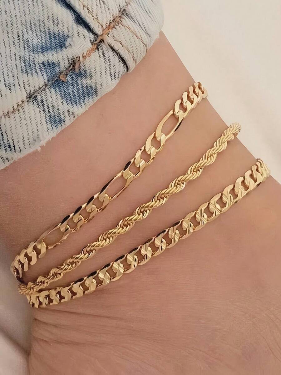 3pcs/Set Gold Multilayer Chain Unique Design Anklet, Beach & Street Style, Suitable For Women's Daily Wear, Great Gift For Female Friends