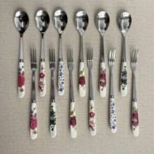 12PCS/Set Elegant Tableware, Ceramic Handle Floral Design, Including Ice Cream Spoon, Fruit Salad Fork, Stainless Steel Coffee Spoon, Dessert Spoon, Dessert Fork, Mixing Spoon, Tea Spoon, Seasoning Spoon, Honey Spoon, Suitable For Family Gathering & Afternoon Tea
