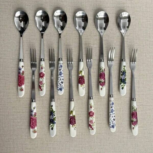 12PCS/Set Elegant Tableware, Ceramic Handle Floral Design, Including Ice Cream Spoon, Fruit Salad Fork, Stainless Steel Coffee Spoon, Dessert Spoon, Dessert Fork, Mixing Spoon, Tea Spoon, Seasoning Spoon, Honey Spoon, Suitable For Family Gathering & Afternoon Tea