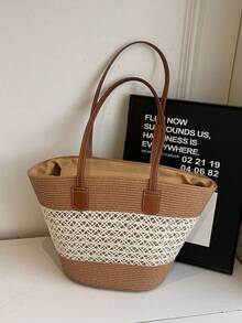 2026 New Straw Tote Bag, Large Capacity Straw Bag, Fashion Versatile Commuter Shoulder Bag, Beach Bag, Travel Vacation Bag, Striped Woven Straw Tote Bag For Women - Beige - View 9