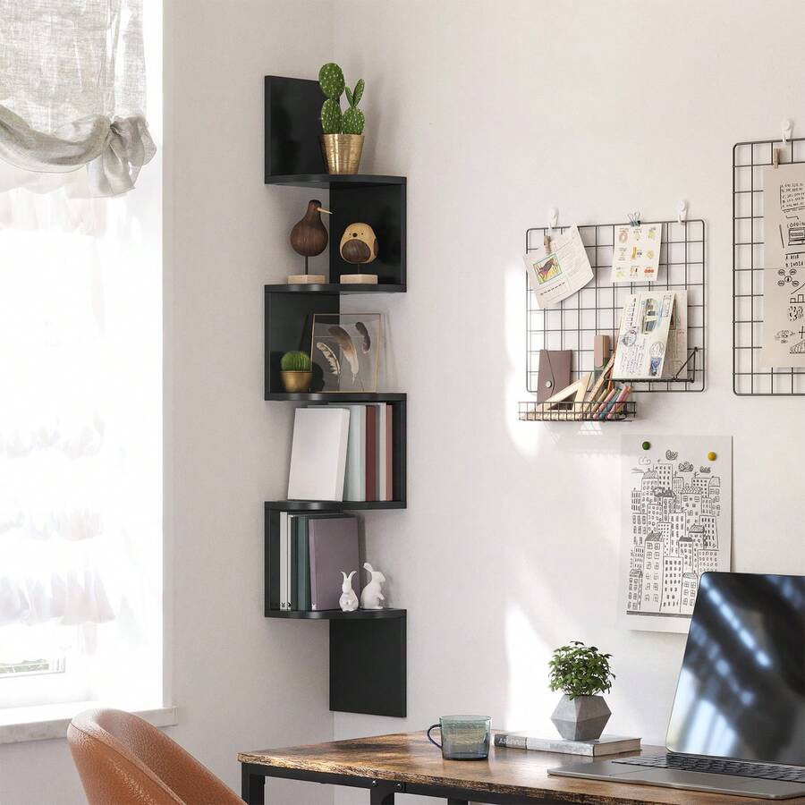 Étagère d'Angle Murale, Étagère de Rangement à 5 Niveaux, Étagère à Plantes, pour Chambre à Coucher, Salon, Salle de Bain, Bureau à Domicile, Noir d'Encre - Noir - Voir 1