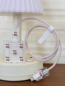 5件套粉色水晶樱桃仿珍珠设计充电套装（20W/18W），包含充电线保护套、充电头保护套、兼容充电线保护套、充电器配件、手机配件 - 粉色 - 查看 5