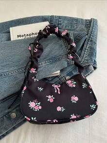 Nouveau sac bandoulière à imprimé floral printemps/été avec ruban et décoration de nœud, sac à épaule léger en polyester, convient pour les trajets et les voyages, noir et blanc avec motif floral rose