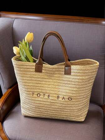 Large Capacity Casual Vacation Straw Tote Bag, Minimalist Elegant Women Shoulder Handbag