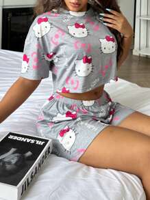 Sanrio 2pcs Hello Kitty Print Women's Short Sleeve Crop Top + Drawstring Shorts Pajama Set