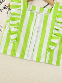 Set de 2 piezas de blusa sin mangas con botones a rayas y pantalones cortos a rayas para niñas, conjunto informal cómodo y de moda