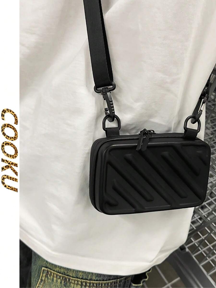 男士纯色方形单肩包，可调节肩带斜挎包 - 黑色 - 查看 1