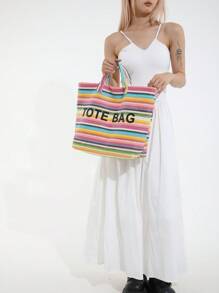 Bolsa tote de palha grande com letras listradas coloridas e bordadas, leve e prática, cor contrastante, bolsa para viagem na praia, adequada para mulheres, bolsa versátil, bolsa para laptop, bolsa de múmia, bolsa de viagem, bolsa grande unissex