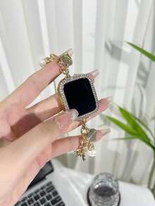 2 件 表带和 表壳，金色奢华心形大珍珠表带，适合女士时尚百搭，兼容 系列 10/9/8/7/SE/6/5/4，38 毫米 40 毫米 41 毫米 42 毫米 44 毫米 45 毫米 46 毫米 49 毫米，适合女士的智能表带，手链腕带可作为礼物，送给女朋友的礼物，可调节 表带