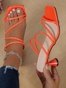 New Women Fashionable Silver High Heel Slide Sandals, Black High Heel Sandals - Orange - View 2