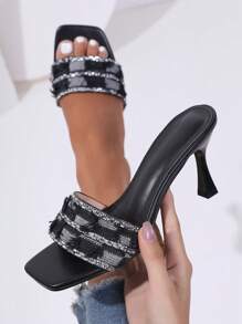 High-End French Style Glossy Stiletto Sandals, Color-Blocking Plaid & Sequins Embellished, Fashionable For Party, Comfortable & Elegant, Versatile Wear