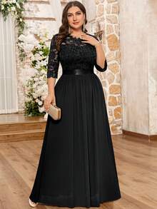 MIUSOL Plus Floral Lace Bodice Flare Hem Evening Party Maxi Formal Dress Black Elegant Prom Wedding Guest Gown, For Graduation, Dinner