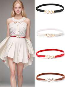 1pc Faux Pearl Pair Buckle Thin Belt Monochrome Elastic Waistband Vintage Versatile Coat Dress Girdle