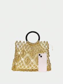 Einfarbige gewebte Tasche mit Lochdesign, Strandtasche mit großem Fassungsvermögen und Glanz in Strohoptik, geeignet für Teenager Reisen