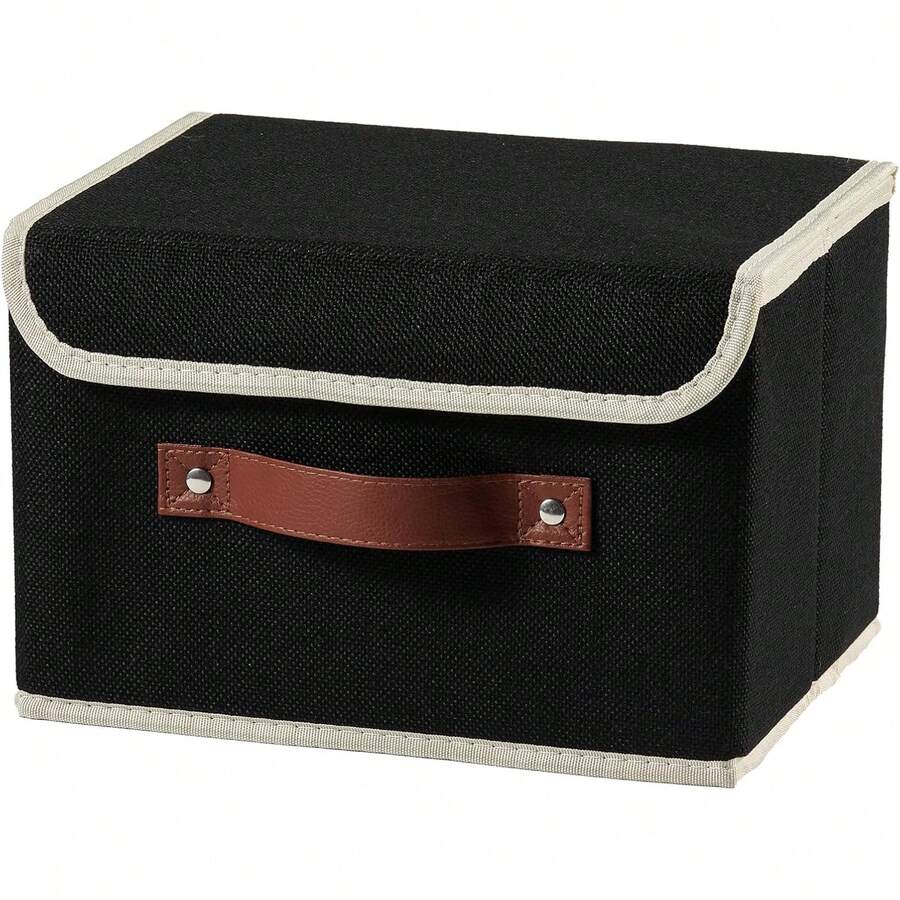 Storage Boxes With Lid Cotton Linen Fabric Storage Bins Organizer Container Decorative Collapsible Washable Shelf Baskets Faux Leather Handles For Home Bedroom Closet (Black, Small Size)
