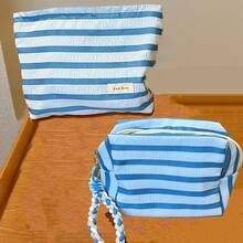 L/M/S Set Includes Makeup Bag, 1pc Foldable Blue And White Striped Makeup Bag, Fashion Vacation Style Cosmetic Pouch, Handheld Makeup Bag, Big Capacity Toiletry Bag, Pillow Bag, Simple Striped Ladies' Clutch, Bathroom Shower Storage Cosmetic Bag, Wallet, Travel Essentials, Beach/School Supplies, College Dorm Necessities - [H&R BAG]For Summer Holiday Back To School School Stuff Bag For School Travel Bag For Women Makeup Bag For Travel Make Up Bag - Blue and White - View 15