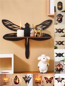 1 pieza de Estantería de pared montada creativa y minimalista (los clavos no están incluidos), disponible en múltiples estilos: libélula, hoja de plátano, mariposa, loto - Accesorio colgante de decoración de pared, estantería de almacenamiento pequeña de madera de bricolaje