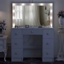 Teousev Dressing Table Large 7 Drawers Vanity Set Makeup Desk W/ LED Makeup Mirror White