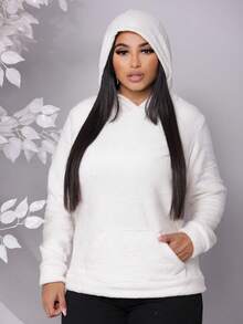 COLD COAT FUR SWEATSHIRT WITH HOOD AND POCKET Simple Casual Tweed Pocket Beach WINTER - Cream - View 2