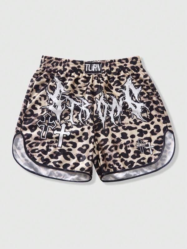 Fashionable Street Cross & Leopard Print Loose Men's Shorts, Boxing Shorts, Sporty Style