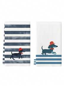 2条装狗狗图案厨房毛巾，腊肠犬洗碗布，厨房装饰洗脸巾 - 藍白色 - 查看 4