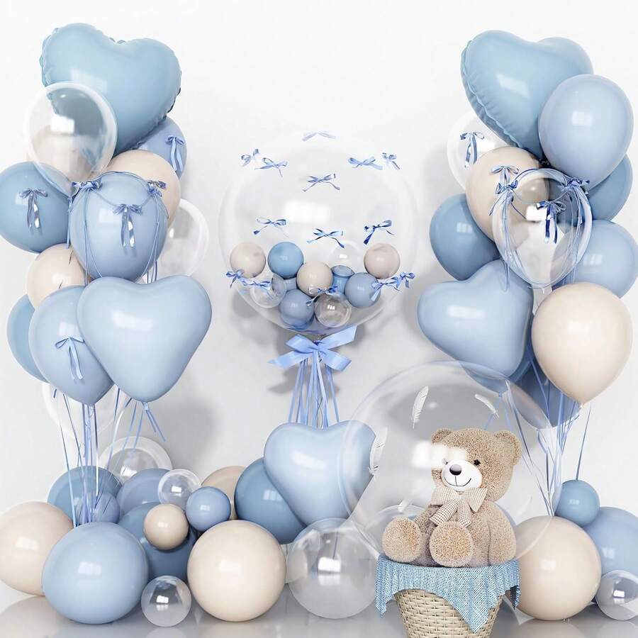 12" 5" Blue, White, Nude Heart-Shaped Latex Balloons, 20" Clear Bubble Balloons, Birthday, Anniversary, Wedding, New Year Decor, Baptism, Shower Party Supplies