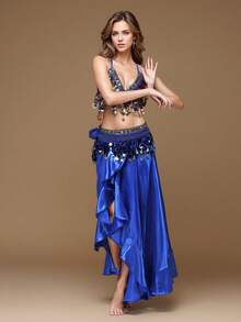 3Pcs Belly Dance Outfit For Women - Embroidered Sequins Skirt With High Split, Chiffon Sexy Crop Top & Shiny Hip Scarf Belt | Viral Arabic Dance Costume Set