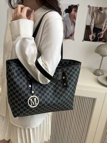 Fashionable Geometric Pattern Foldable Tote Bag With Large Capacity,Mini Wallet Included,Suitable For Girls And Women For Shopping,Commuting,And Holiday Travel, Old Money Style Women Bag School Bag
