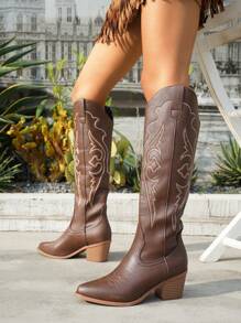 2025 Autumn/Winter New Women Plus Size Thick Heel Pointed Toe Embroidered Western Cowgirl Suede Leather Mid-Calf Boots, Outdoor Fashion Slip-On