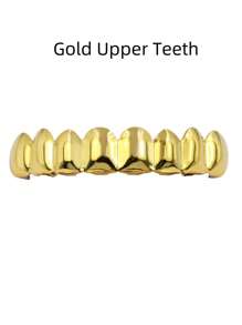 1 peça/2 peças Grillz de dentes com glitter de Hip-Hop, Cor Dourada com 8 dentes superior e inferior, Acessórios de fantasia de rapper unissex para festa de Halloween