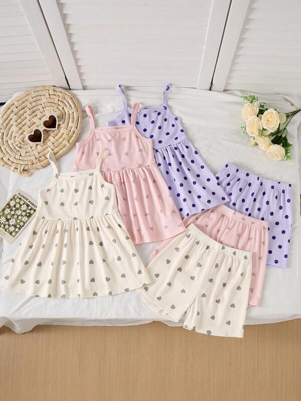 3-Set (6pcs) Girls Toddler Casual Heart & Bow-Knot Polka Dot Print Soft Comfortable Knit Camisole Top And Shorts Outfit, Suitable For Outdoor Wear, Spring/Summer