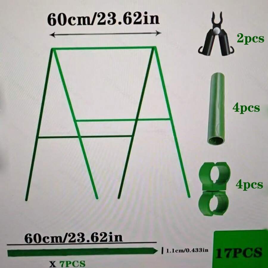 17pcs Multi-Function Garden Support Stake - Durable Metal Core, Includes (7 Support Rods, 2 A-Type Connectors, 4 Connecting Pipes, 4 Universal Clips), Plastic Coated, Anti-Oxidation, Easy To Insert, Suitable For Climbing Plants, Vines, Fruits And Vegetables.
