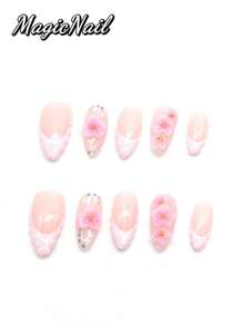 10 Pieces Of Pure Hand-Pressed Wearable Nails,Press On Nails,Nail Supplies,Nails Ptess On,Beach Essentials, 25mm-Length Nail Pieces, Pink White Pink Contrasting Pink Glitter Pink Drawing Convex Shape, Hand-Kneaded Raised Flowers Pink Drawing Golden Small Ball Stamens, Hand-Painted White Lines, Spring And Summer Style, Cute Nail Pieces. Suitable For Daily Leisure And Vacation Wear.