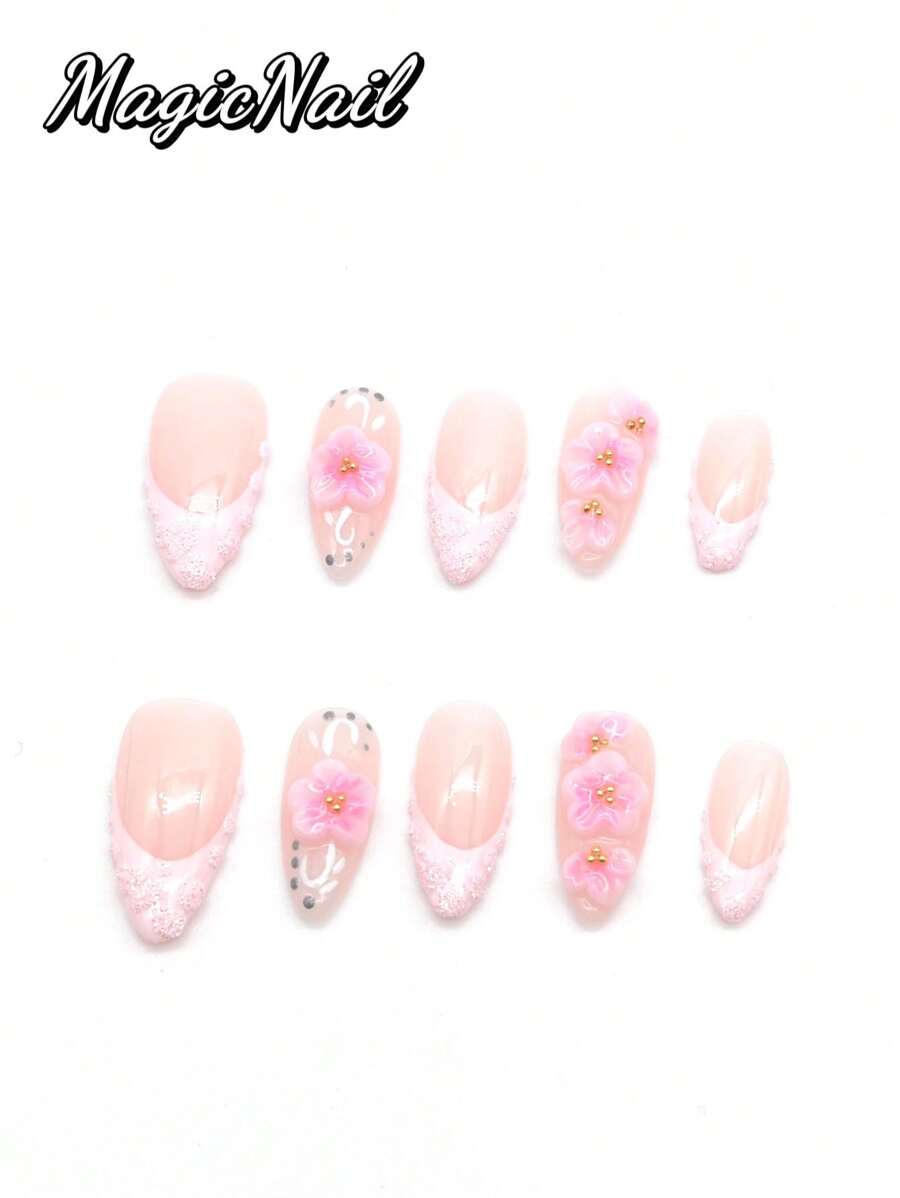 10 Pieces Of Pure Hand-Pressed Wearable Nails,Press On Nails,Nail Supplies,Nails Ptess On,Beach Essentials, 25mm-Length Nail Pieces, Pink White Pink Contrasting Pink Glitter Pink Drawing Convex Shape, Hand-Kneaded Raised Flowers Pink Drawing Golden Small Ball Stamens, Hand-Painted White Lines, Spring And Summer Style, Cute Nail Pieces. Suitable For Daily Leisure And Vacation Wear.