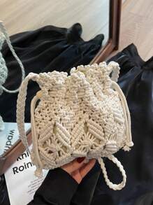 1pc Hollow Weaved Bucket Crossbody Bag, Women New Small Woven Bag, Unique Beach Vacation Style Shoulder Bag, Fashion Chic Envelope Bag
