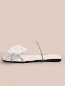 French 3D Flower Embellished Sandal, Elegant And Fashionable Casual Cute Fairy Commute Party Style, Made Of Polyester Fiber, With 3D Floral Decor, Suitable For Beach, Wedding, Office, Home, Outdoor, Summer, Blush Color - White - View 4