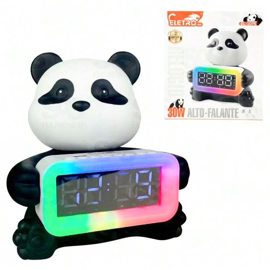 Caixa De Som Urso Panda Com Relógio 5W Eletromex EL-1075 - Preto e Branco - Visão 1