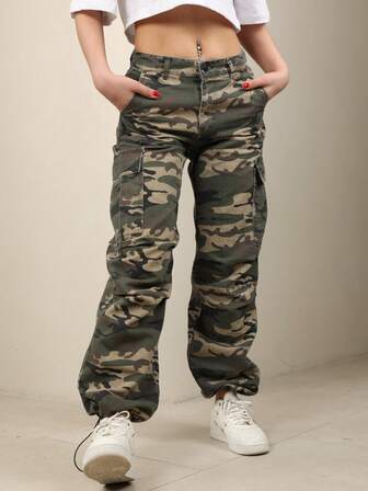 Women's Camouflage Pattern Casual Pocket Zipper Long Pants