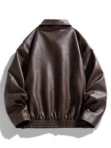 Men's Long Sleeve Spring/Autumn Casual Loose-Fit Lapel Motorcycle Leather Jacket - Coffee Brown - View 2