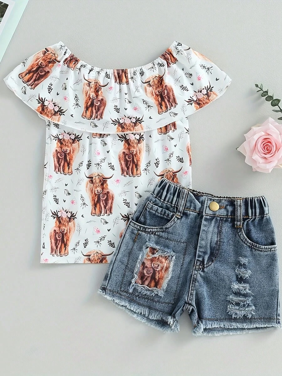 Easisim Toddler Kids Baby Girl 2Pcs Summer Outfit Set Off Shoulder Ruffle Cow Print Top Denim Shorts Western Clothes - trắng - Xem 1