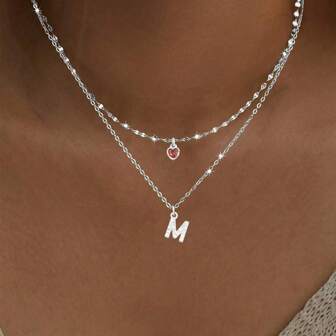 2Pcs/Set Simple Fashion Red Color Heart Crystal Initial Pendant Stainless Steel Lip Chain Necklaces For Women