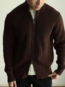 Cárdigan para hombre de punto acanalado con cuello alto y cierre de cremallera, de color liso y casual