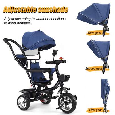 Passeggino 4 in 1 con campanello e specchietto retrovisore, triciclo per bambini, triciclo a pedali, capottina pieghevole rimovibile e bastone per genitori regolabile, schienale reclinabile, ruote silenziose